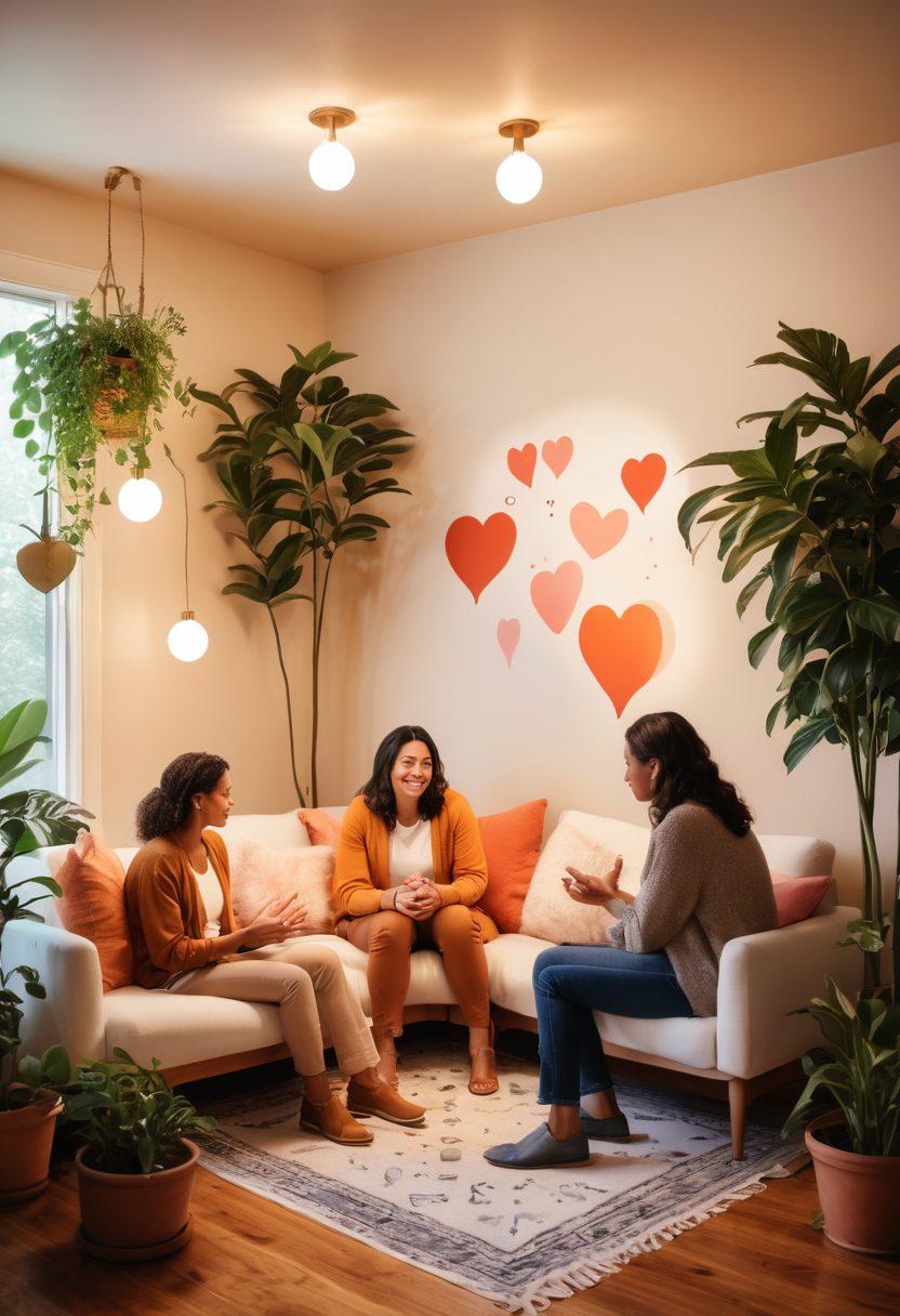 A cozy, inviting space featuring a diverse group of people engaged in deep, meaningful conversations. Soft lighting creates an intimate atmosphere, with plants and comfortable seating enhancing the vibe. Visual elements like speech bubbles with symbols of connection (hearts, hands) float around them, symbolizing communication and understanding. Show a blend of gender identities and ethnicities, capturing a warm sense of community. watercolor illustration. warm tones. inviting ambiance.