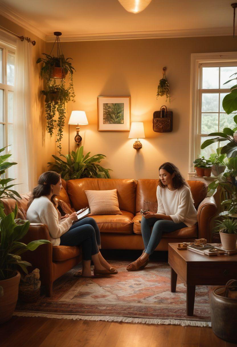 A cozy living room scene with three diverse individuals engaged in an open and relaxed discussion about relationships, surrounded by symbolic items like keys and locks to represent 'unlocking secrets'. Soft lighting creates an inviting atmosphere, with a backdrop of plants to symbolize growth and exploration. Include a hint of abstract art that embodies connection and freedom. warm tones, artistic painting, ethereal ambiance.