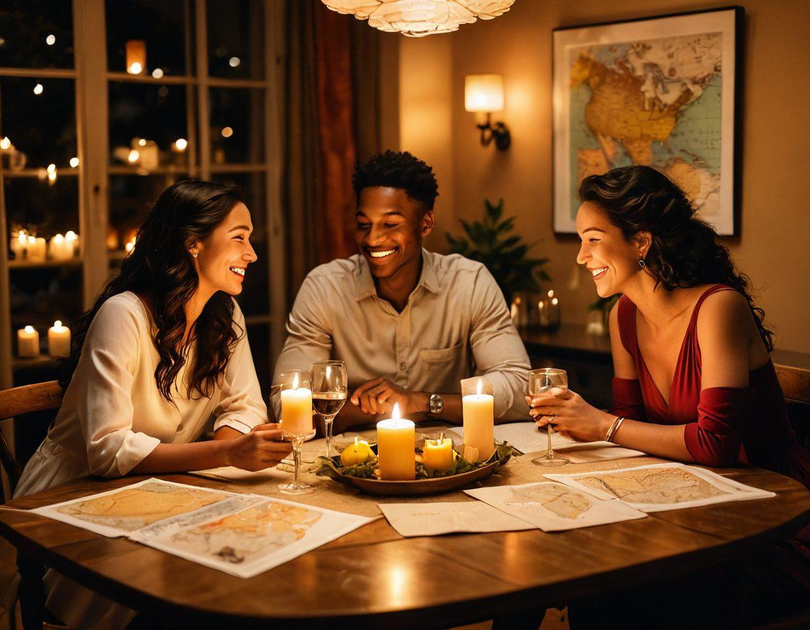A romantic, candle-lit dinner setup in a cozy, intimate setting, with two diverse couples engaging in laughter and playful conversation. Elements of adventure like a map and playful props scattered on the table, reflecting ideas for date nights and open partnerships. Include vibrant, warm colors to evoke passion and excitement, and a dreamy, soft-focus background. digital painting. vibrant colors. intimate atmosphere.
